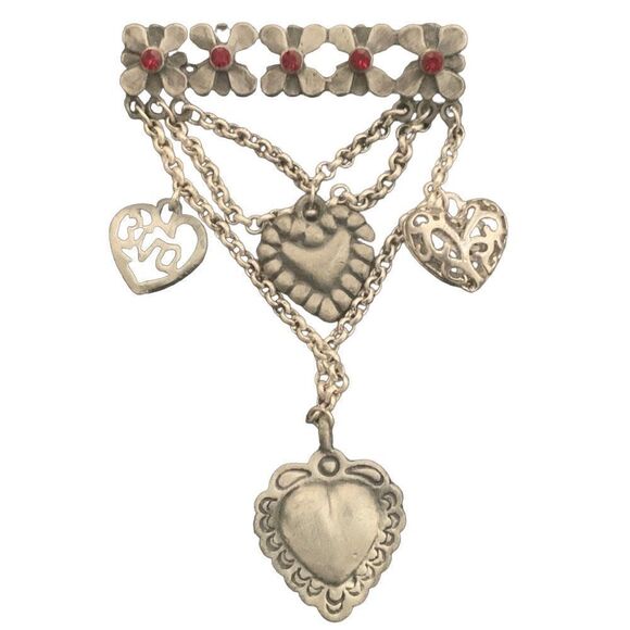 Silver Heart Charm Brooch with Red Crystals – Vintage Style Lapel Pin - Picture 1 of 12